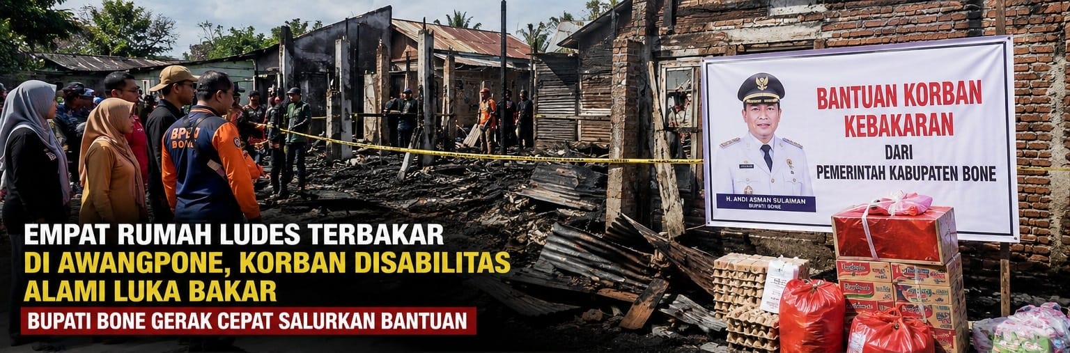 Empat Rumah Ludes Terbakar di Awangpone, Korban Disabilitas Alami Luka Bakar, Bupati Bone Gerak Cepat Salurkan Bantuan